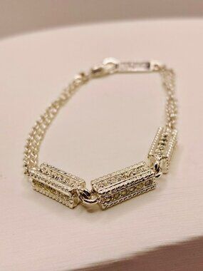 Napier Silver-Tone Double Chain Bracelet Textured Bar Accents -81B
